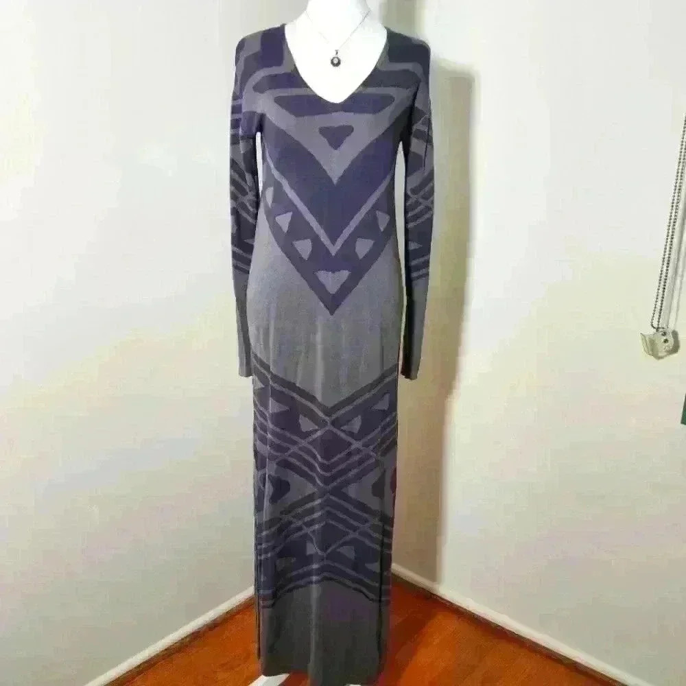 Free People Gray Patterned Long Sleeve Maxi Dress